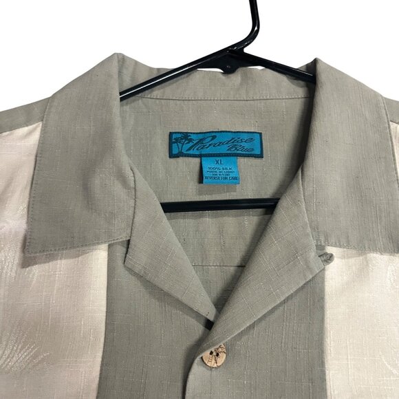 Paradise Blue Men's XL 100% Silk Hawaiian Shirt Palm Trees Olive & Ivory - Picture 2 of 10